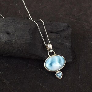 Natural Oval Larimar Gemstone Pendant, Blue Topaz, 925 Sterling Silver Fine Jewelry, Gift For Women, Wife, Christmas Gift, Simple Pendant
