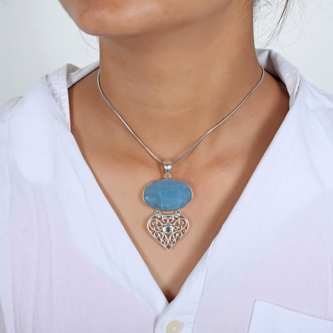 925 Sterling Silver Necklace With Lab-Created Aquamarine Pendant - 45cm, UK Seller