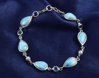 Pulsera de eslabones de plata de ley 925 con piedra preciosa natural de larimar dominicano, perla y topacio azul. Joyería navideña, regalo para esposa.