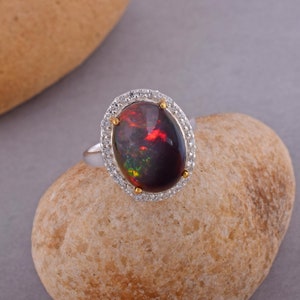 Ethiopian Black Fire Opal Ring, Fire Opal Engagement Ring, 925 Sterling Silver Ring, October Birthstone, Wedding Promise Ring, Silver Ring