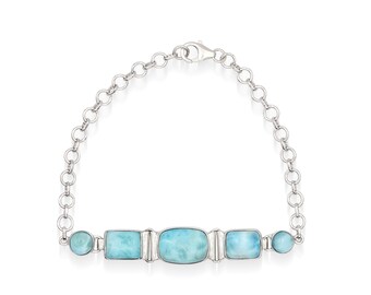 Bracciale in argento sterling 925 con larimar, gioielli placcati in oro, pietra preziosa naturale domenicana rettangolare e rotonda con larimar, bracciale robusto per uomo NUOVO