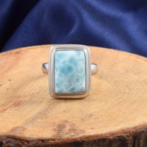 Natural Dominican Larimar Ring 925 Stamped Sterling Silver Handmade Jewelry Gift For Men, Unisex Ring, Dolphin Stone Ring, Rectangle Stone