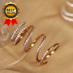 14K Gold Plated Spiral Diamond Ring, 925 Sterling Silver CZ Ring, Minimalist Coil Ring Band, Finger Wrap Spiral Band Ring, Full Finger Ring