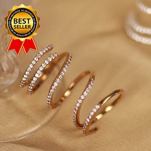 14K Gold Plated Spiral Diamond Ring, 925 Sterling Silver CZ Ring, Minimalist Coil Ring Band, Finger Wrap Spiral Band Ring, Full Finger Ring