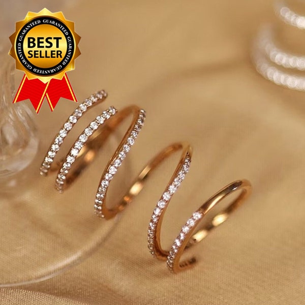 Bague spirale diamant plaqué or 14 carats, bague en argent sterling 925 CZ, anneau spiral minimaliste, anneau spiralé, bague complète