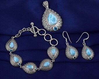 Conjunto de joyería nupcial, conjunto de joyería de plata de ley 925 para mujer, pendiente y pulsera con colgante de piedra preciosa de larimar auténtica, joyería de boda para mujer.