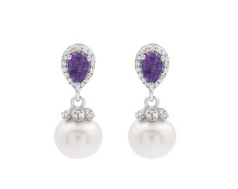 Bridal Natural Amethyst & Pearl Drop Earrings 925 Sterling Silver White Topaz Gemstone Jewelry CHRISTMAS Gift For Lady, Dangle Earrings NEW
