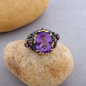 Vintage Art Deco Ring, Purple Amethyst Ring, 925 Sterling Silver Ring, Black Rhodium Gold Accents Ring, February Birthstone, Gift for Women