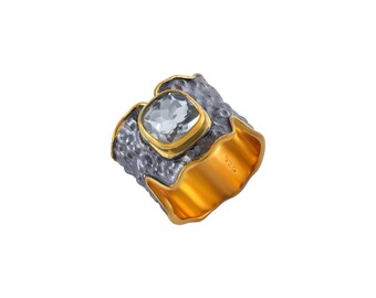 Natural Green Amethyst Ring, Chequered Cushion Cut Green Amethyst Ring, 925 Sterling Silver Ring, 18K Gold Plated Black Rhodium Ring