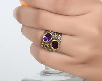 Amethyst Sterling Silver Ring, Black Rhodium Plated, Bohemian Jewelry