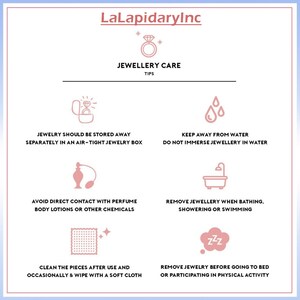 May include: A pink and white infographic with the title "Jewellery Care Tips" and five tips for caring for jewelry. The tips include storing jewelry in an air-tight box, keeping jewelry away from water, avoiding direct contact with perfume, removing jewelry when bathing, and removing jewelry before going to bed.
