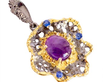 Ovalt hänge med naturlig cabochon och ametist och kyanit, 925 silverhänge, förgyllt blomhänge, naturlig multi-ädelsten, födelsedagspresent till henne