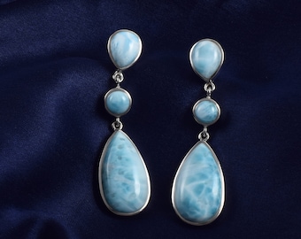 925 Sterling Silver Dominican Natural Larimar Drop Earrings Jewelry Handmade Jewellery Gift For Women, Bridal Earrings, Long Dangle Earrings