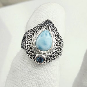 925 Sterling Silver Larimar Ring, Statement Ring for Women, Designer Women Ring, Handmade Ring, Larimar Jewelry, Anniversary Gift Mom Wife