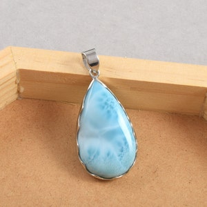 Solid 925 Sterling Silver Natural Larimar Gemstone DROP Pendant Blue Pectolite Dominican Republican Stone Jewellery,  Simple Larimar Amulet