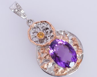 Amethyst Citrine Gemstone Pendant, 925 Sterling Silver, Vintage Style