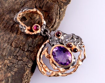 Natural Amethyst & Garnet Pendant Jewelry, 925 Sterling Silver Pendant, Handmade Rose Gold Plated Designer Pendant, New Year Gift, Valentine