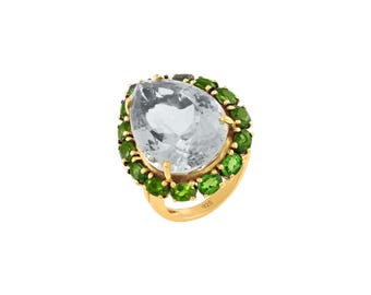 Gold Plated 925 Sterling Silver Green Amethyst Gemstone Pear Cocktail Ring Jewelry Gift For Women, Anniversary Ring, Christmas Day Jewellery