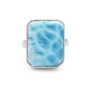 Dominican 20x15mm Rectangle Larimar Gemstone Ring, 925 Sterling Silver Jewelry, Dolphin Stone Ring, Statement Ring, Unisex Christmas Gift