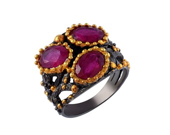 Natural 9x7mm Oval Ruby Statement Ring, Black Rhodium Plated 925 Sterling Silver Ring, Handmade Two Tone Cocktail Ring, July Birthstone Gift