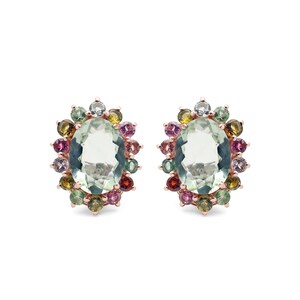 May include: A pair of rose gold earrings with oval-shaped green gemstones surrounded by a halo of smaller multi-colored gemstones.