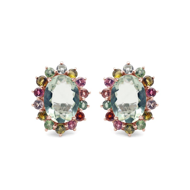 May include: A pair of rose gold earrings with oval-shaped green gemstones surrounded by a halo of smaller multi-colored gemstones.