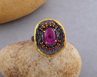 Ruby Ring, Black Rhodium over 925 Sterling Silver Ring, Natural Ruby Gemstone Ring, Gold Plated, Vintage Style Ring, July Birthstone Jewelry