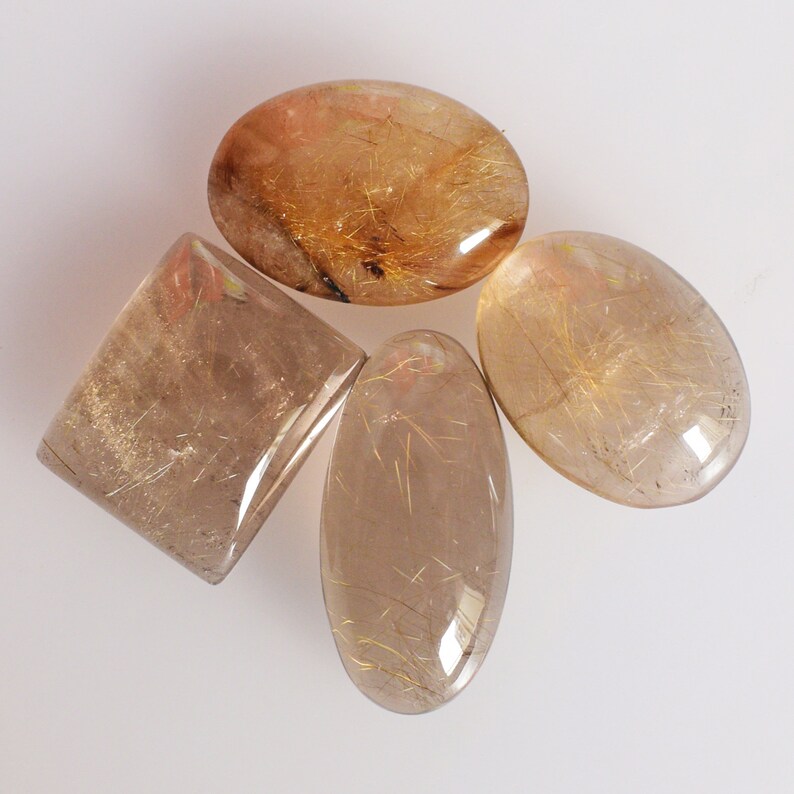 Handmade 23787 Transparent Golden Rutilated Natural Golden Rutile Quartz 4 Piece Lot Cabochon From Brazil Smooth Polished Jewelry Making