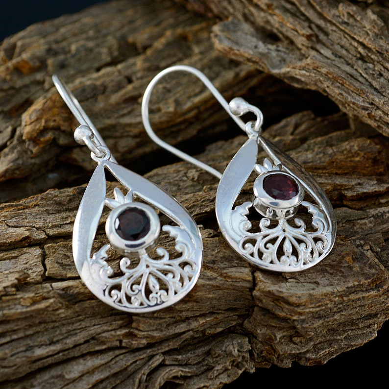Solid Silver Red Garnet Real Gemstones Earring wedding jewelry highest item gift for sister knot Real Gemstones Faceted Garnet Earring