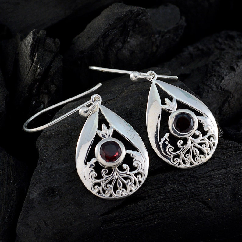 Solid Silver Red Garnet Real Gemstones Earring wedding jewelry highest item gift for sister knot Real Gemstones Faceted Garnet Earring