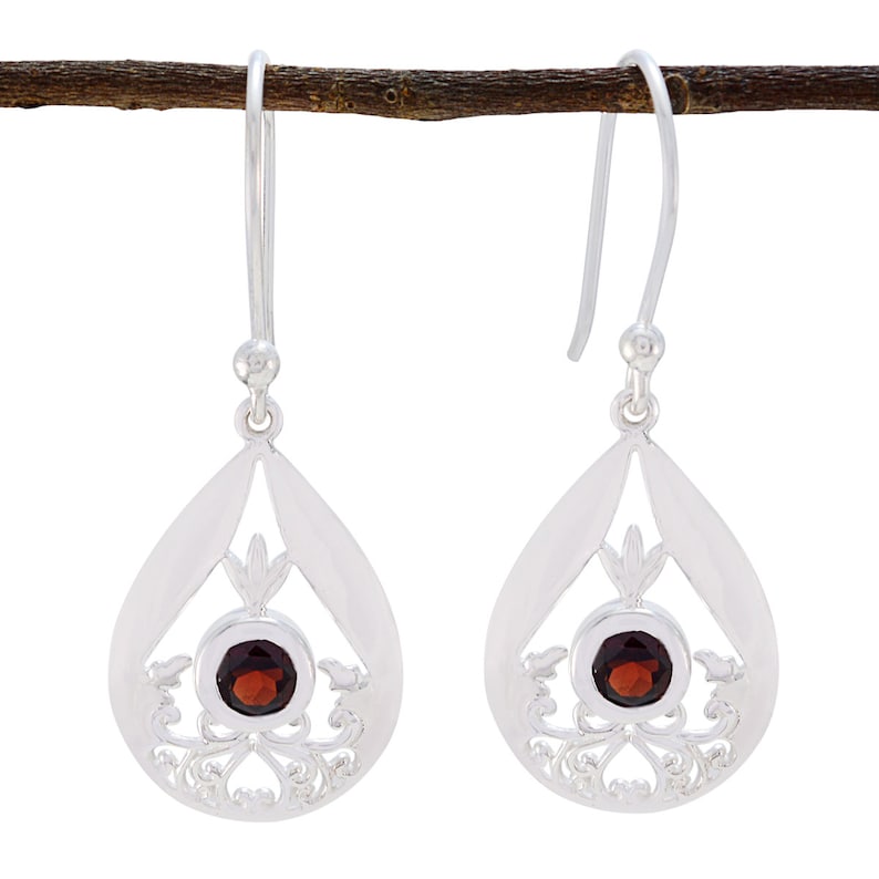 Solid Silver Red Garnet Real Gemstones Earring wedding jewelry highest item gift for sister knot Real Gemstones Faceted Garnet Earring