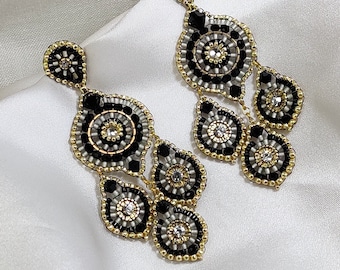 Pretty earrings black and white swarovski elements crystals hand woven with precision beads, unusual and elegant large hoop earrings