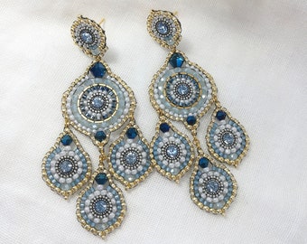 Pretty three-drop earrings with blue crystals and light blue beads, unusual and colourful, really cool earrings, Italian handmade earrings