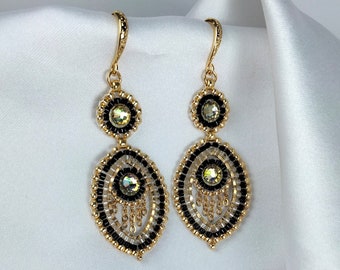Pretty trendy drop earrings with Swarovski elements crystals and beads, unusual black and gold earrings, fashion earrings for everyday