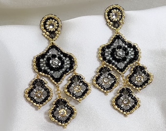 Pretty three-drop earrings made of crystals and swarovski pearls hand woven with precision beads, unusual and elegant earrings for party