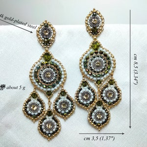 Pretty three-drop earrings swarovski green and yellow crystals hand woven with precision beads, unusual and colorful large hoop earrings image 9