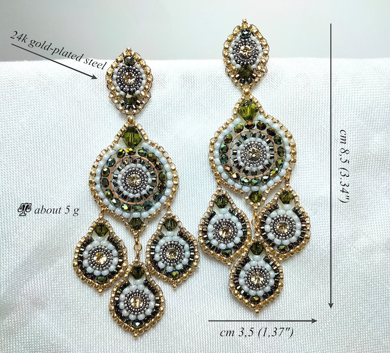 Pretty three-drop earrings swarovski green and yellow crystals hand woven with precision beads, unusual and colorful large hoop earrings image 9
