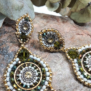 Pretty three-drop earrings swarovski green and yellow crystals hand woven with precision beads, unusual and colorful large hoop earrings image 8