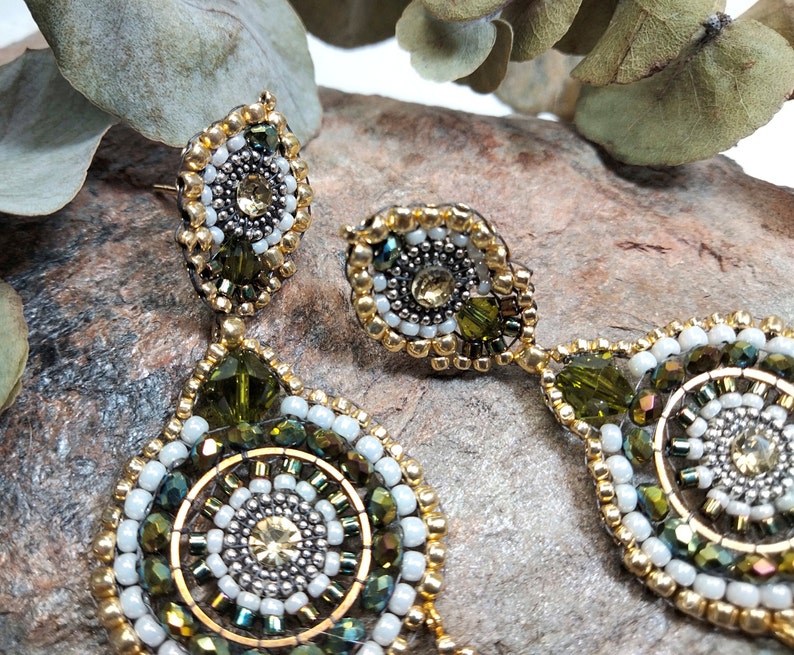 Pretty three-drop earrings swarovski green and yellow crystals hand woven with precision beads, unusual and colorful large hoop earrings image 8