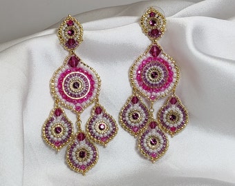 Pretty three drop earrings pink Swarovski element and fuchsia crystals, hand woven precision beads, unusual colorful large hoop earrings