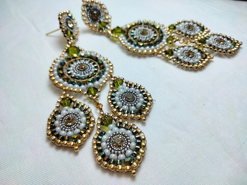 Pretty three-drop earrings swarovski green and yellow crystals hand woven with precision beads, unusual and colorful large hoop earrings image 3