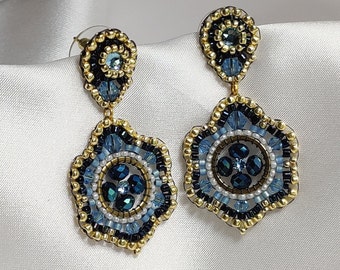 Trendy dangle earrings with light blue crystals Swarovski element and precision beads, statement earrings handmade in Italy