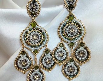 Pretty three-drop earrings swarovski green and yellow crystals hand woven with precision beads, unusual and colorful large hoop earrings