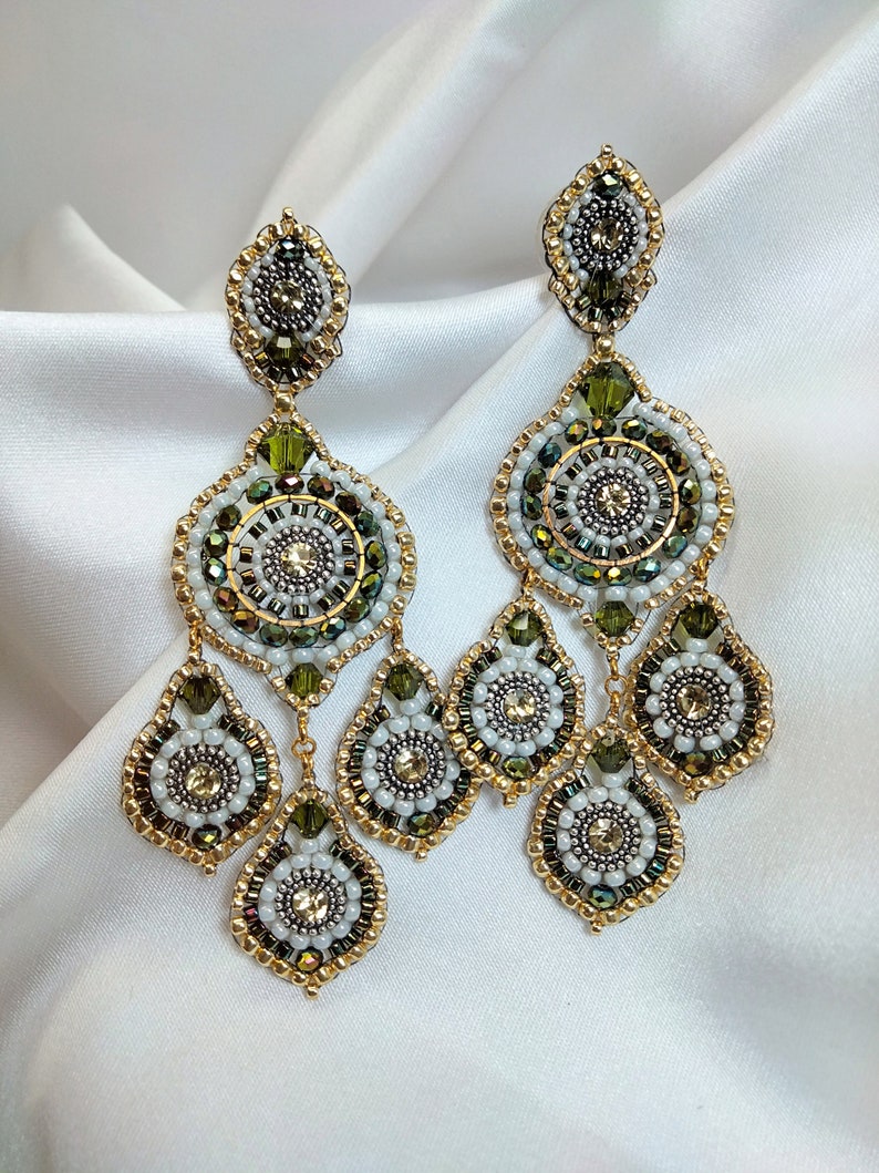 Pretty three-drop earrings swarovski green and yellow crystals hand woven with precision beads, unusual and colorful large hoop earrings image 1