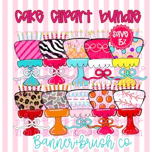Op de afbeelding: Een cake clipart bundel met diverse versierde taarten, elk met brandende kaarsen. De taarten hebben verschillende patronen zoals strepen, zebraprint en stippen. Het ontwerp bevat strikken en taartstandaards in meerdere kleuren, tegen een roze gestreepte achtergrond.