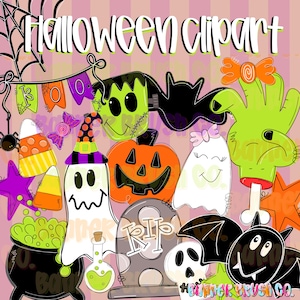 May include: A collection of Halloween clipart featuring a green monster head, orange pumpkin, white ghosts, a green hand with a bone, a black bat, a skull, a cauldron with green liquid, candy corn, a tombstone with RIP text, and a spider web.