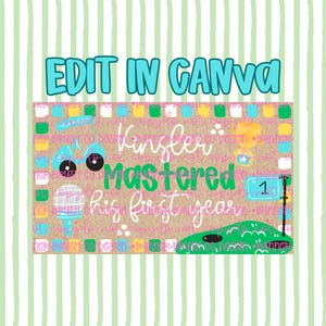 Könnte beinhalten: Digitales Design mit dem Text "Edit in Canva" in Türkis. Das Design zeigt ein Golf-Thema mit den Worten "Kinsler mastered his first year" in Weiß und Grün. Ein Golfwagen und ein Golfloch sind ebenfalls enthalten.
