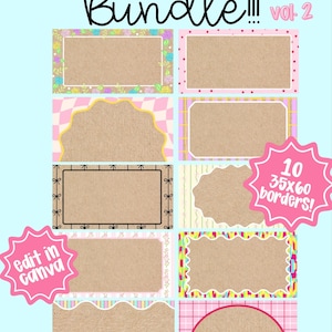 May include: A collection of ten banner borders in various designs, including floral, polka dot, and checkered patterns. The borders are in shades of pink, yellow, and green, with a kraft paper-colored center. The text "Banner border Bundle!!! vol-2" is at the top.