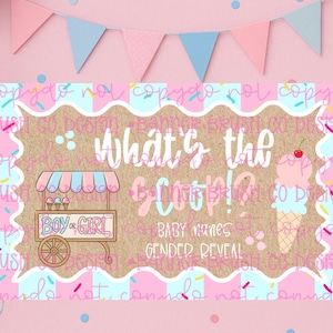 Può includere: Annuncio di rivelazione del sesso del bambino, rosa e blu. Il design presenta il testo "What's the scoop?" con un'illustrazione di un carretto e un cono gelato. Palloncini e ghirlande rosa e blu completano il tema.