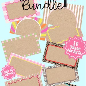 Puede incluir: Una colección de diez bordes de banner con varios diseños, incluyendo rayas, cuadros y estampados de animales. Los bordes son en tonos de rosa, amarillo, verde y marrón, con el texto "Banner border Bundle!!!" y "Edit in Canva". Los bordes son 35x60.